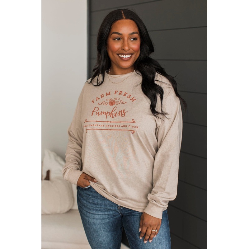 "Farm Fresh Pumpkins" Graphic Top- Light Taupe