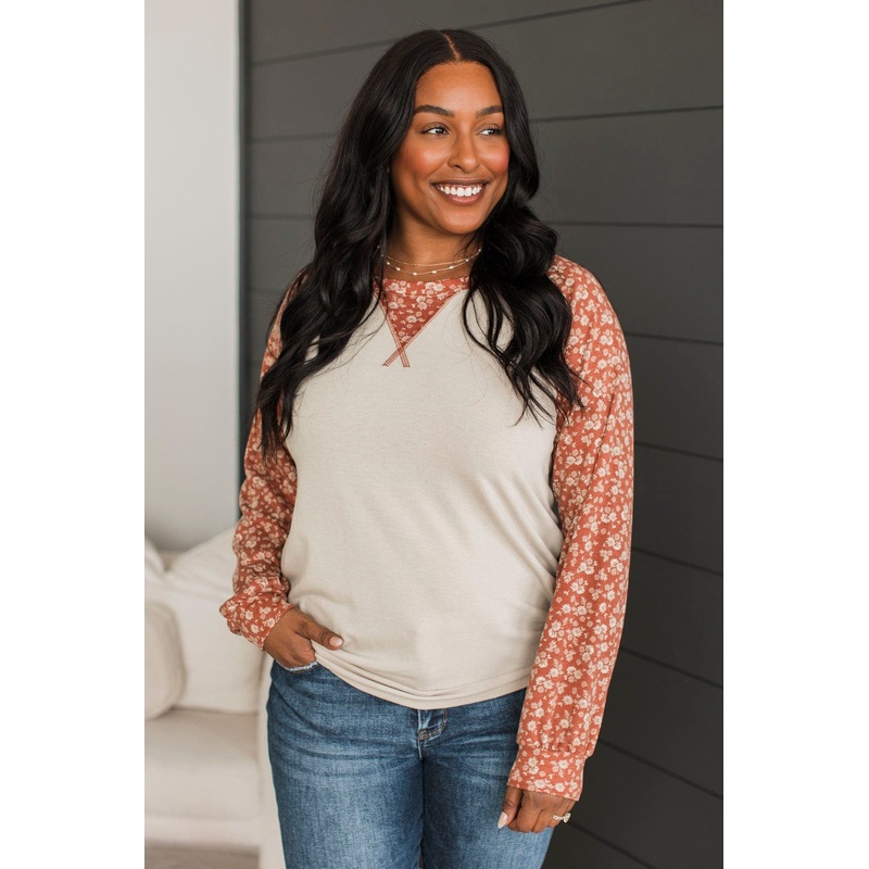 Feeling Cute Floral Long Sleeve Top- Oatmeal & Rust
