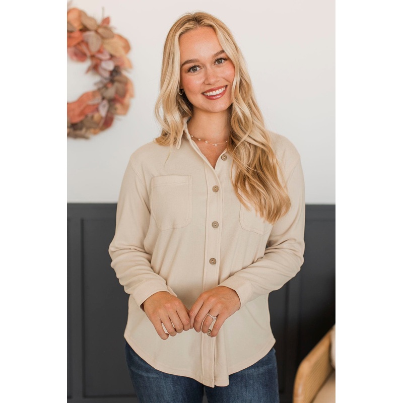 Here For You Ribbed Button Top- Oatmeal