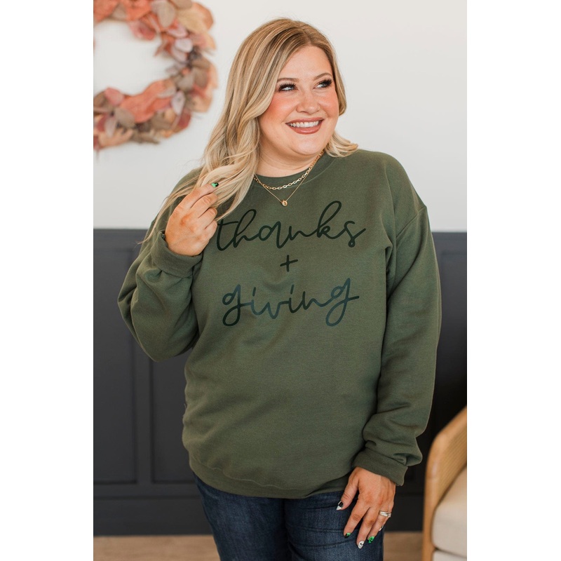"Thanks + Giving" Crew Neck Pullover- Olive