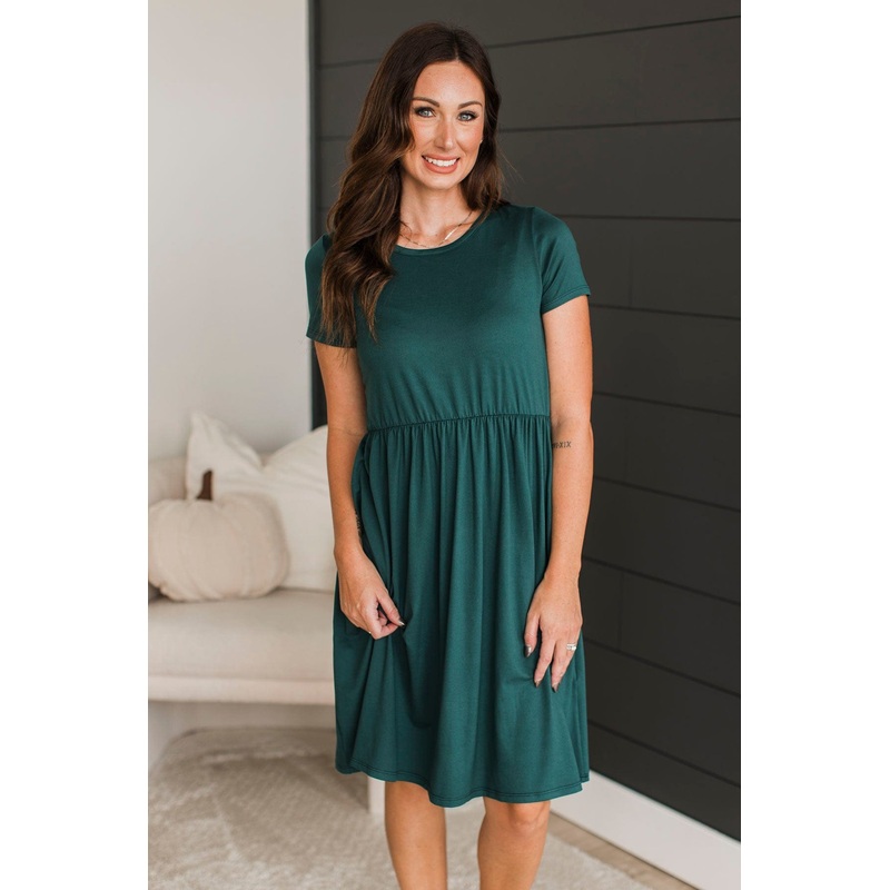 Calls For A Celebration Short Sleeve Dress- Hunter Green
