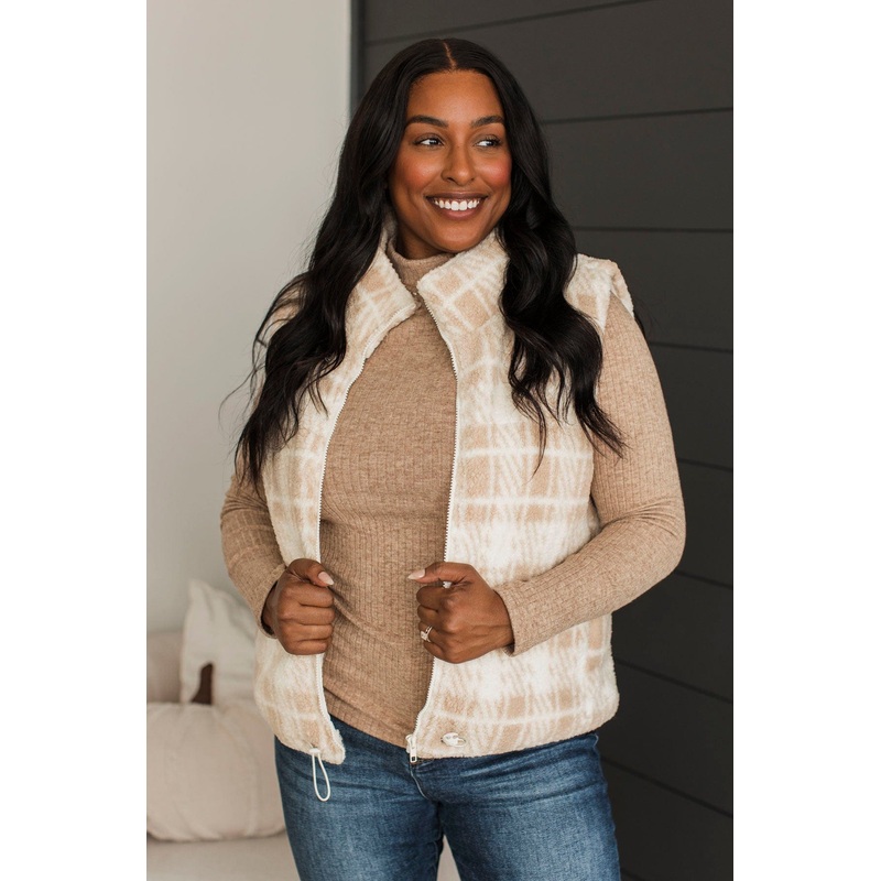 Well Played Plaid Puffer Vest- Beige