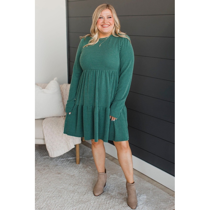 Cheers To This Ribbed Dress- Hunter Green