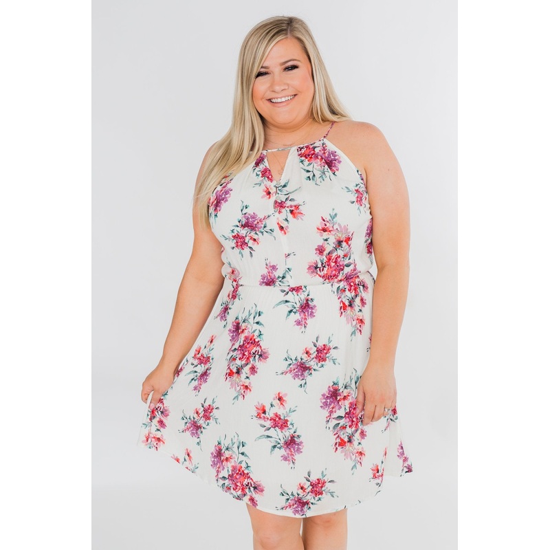 Embraced in Floral Halter Dress- Ivory