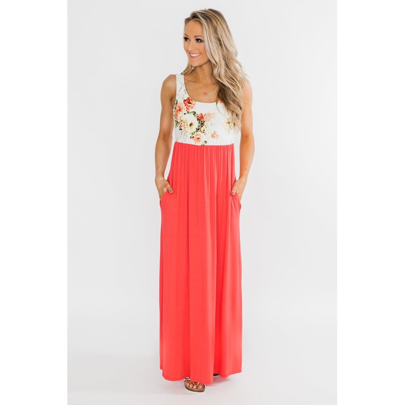 There She Goes Again Floral Maxi Dress- Vibrant Coral