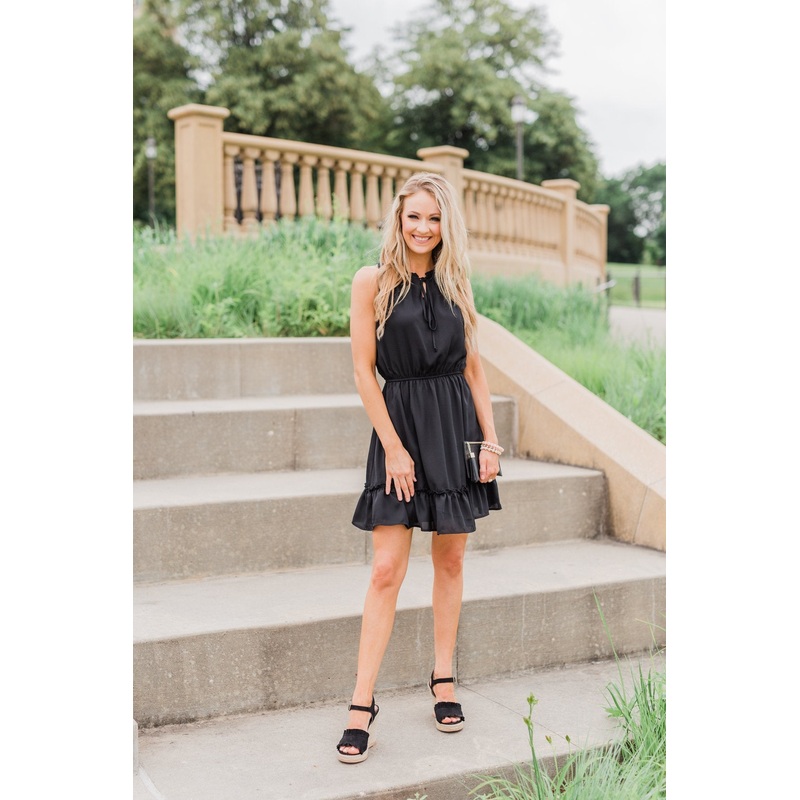 Chasing Happiness Halter Ruffle Dress- Black