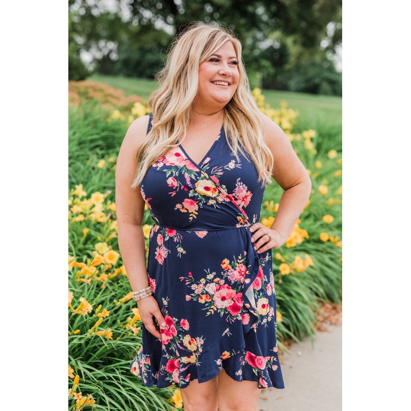 Let Me Love You Floral Wrap Dress- Navy