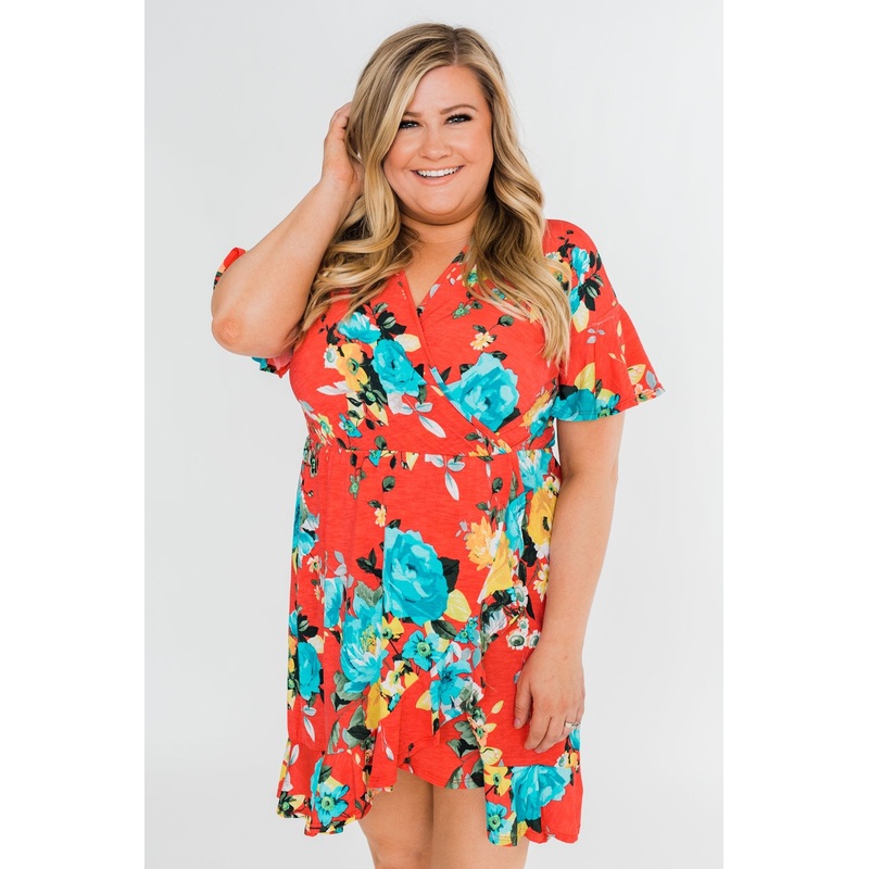 Time To Twirl Floral Ruffle & Wrap Dress- Deep Coral