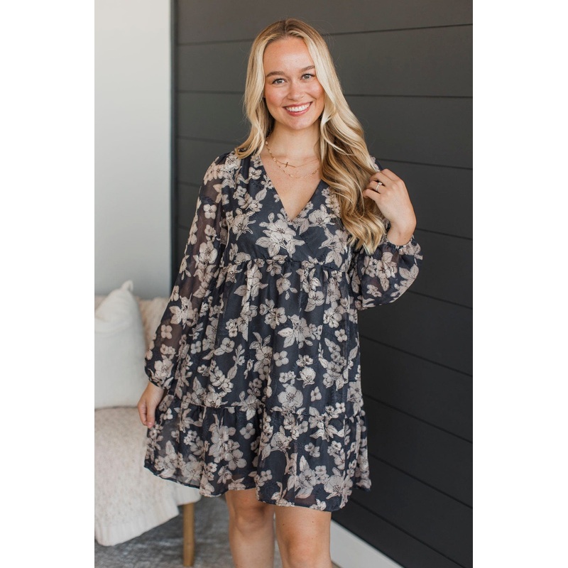 Feeling Affectionate Floral Dress- Charcoal