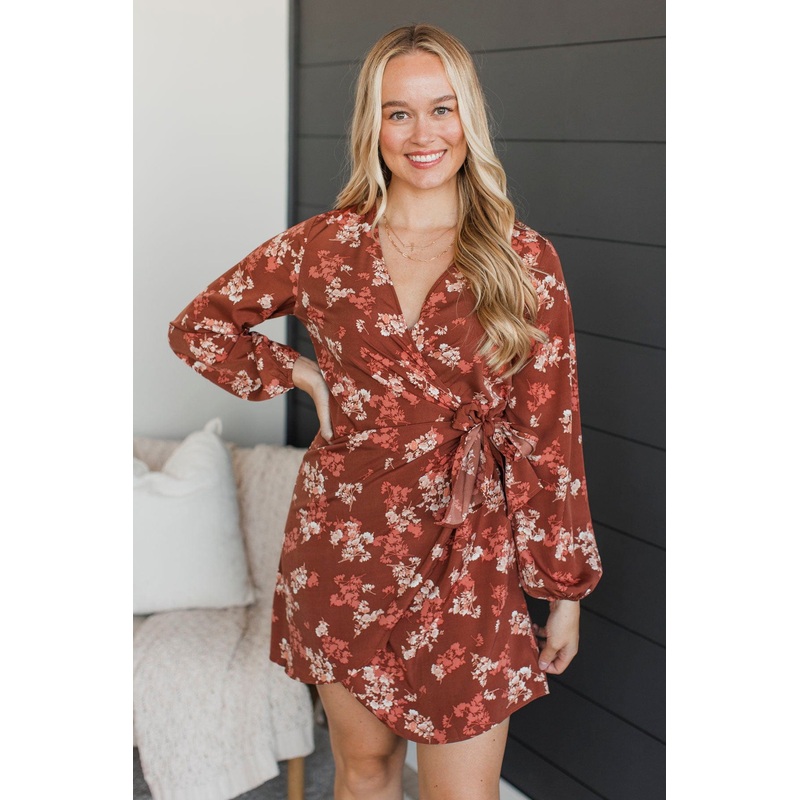 Feelings Of Wonder Floral Wrap Dress- Copper