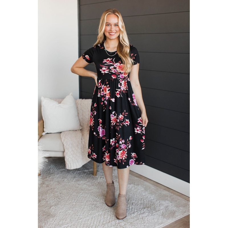 Looking Fabulous Floral Midi Dress- Black