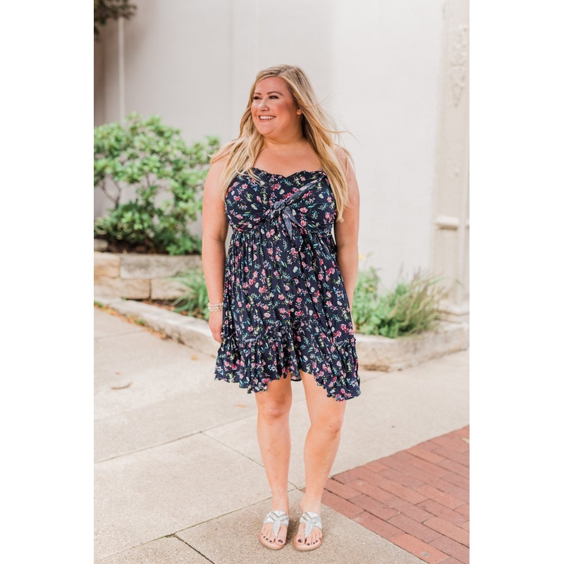 Saying Goodbye Floral Tie Dress- Navy