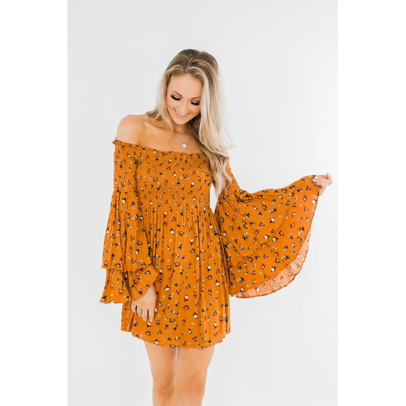 Love Is Forever Floral Cinched Dress- Burnt Orange