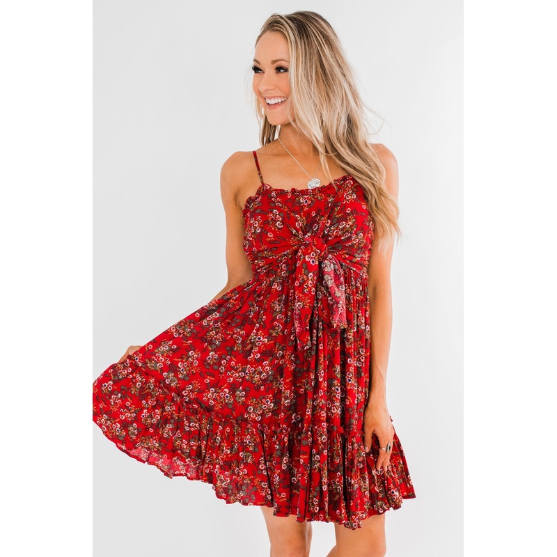 Saying Goodbye Floral Tie Dress- Red
