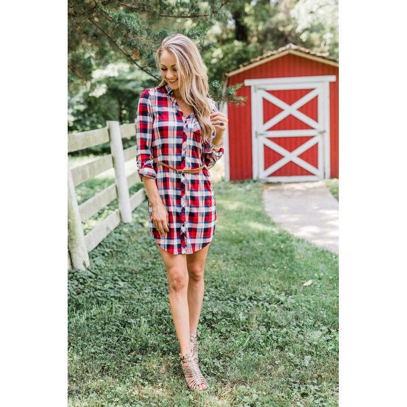 Working It Flannel Button Dress- Red & Blue