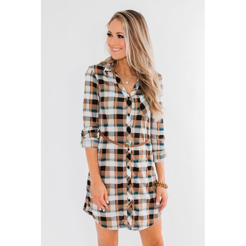 Working It Flannel Button Dress- Ivory & Brown