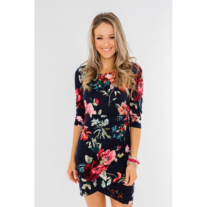 Captivating In Floral Dress- Navy