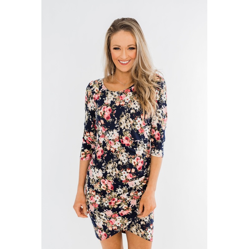 Caught Up In A Romance Floral Dress- Navy