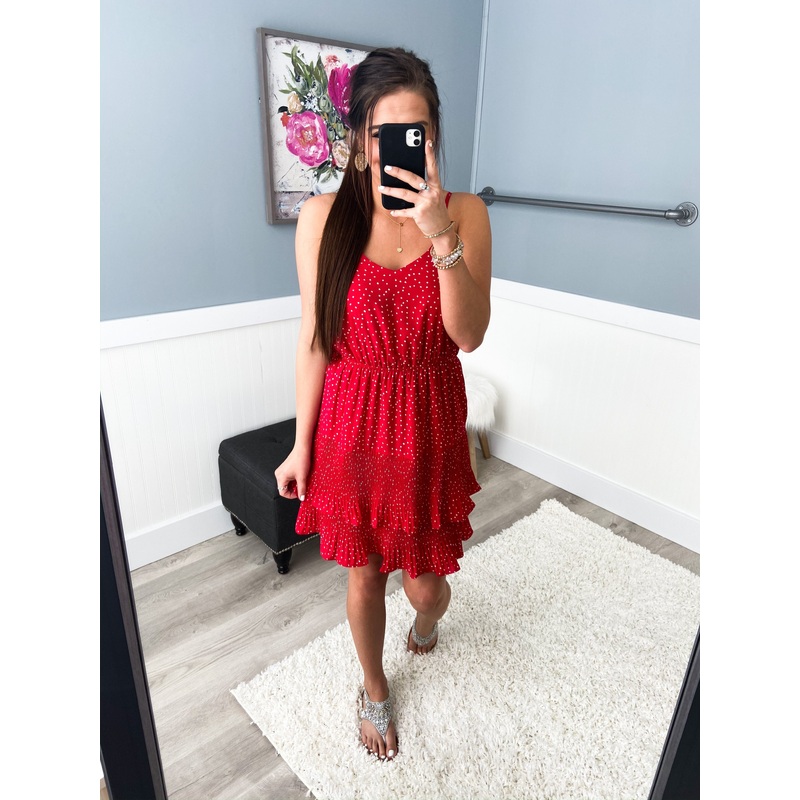See Me Smile Speckled Ruffle Dress- Red