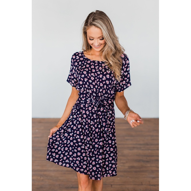 Make A Way Floral Short Sleeve Dress- Navy