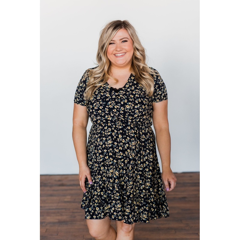 Spring Anticipation Floral Wrap Dress- Navy
