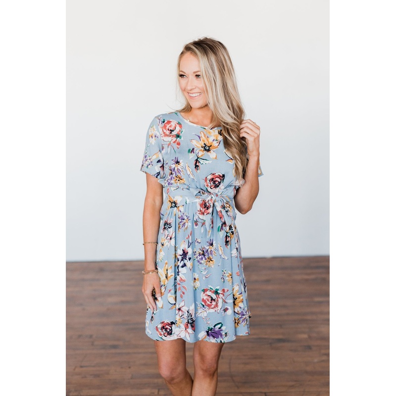 Doing Something Right Floral Dress- Dusty Blue
