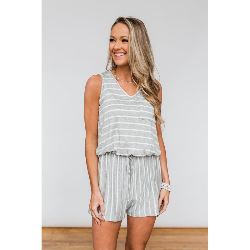Sleeveless Striped Drawstring Romper- Heather Grey & Ivory
