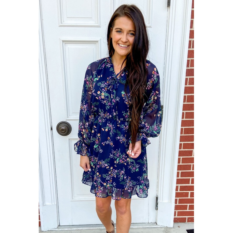 Always Be Wanted Floral Ruffle Dress- Navy