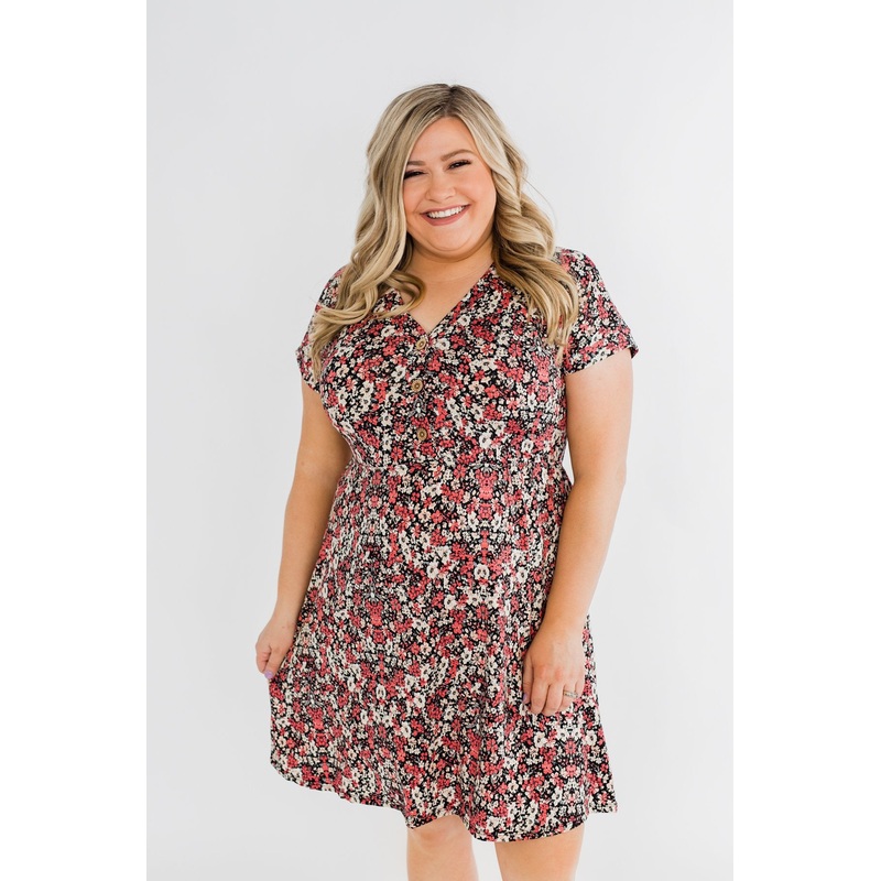 Just Say Yes Floral Button Dress- Black & Pink
