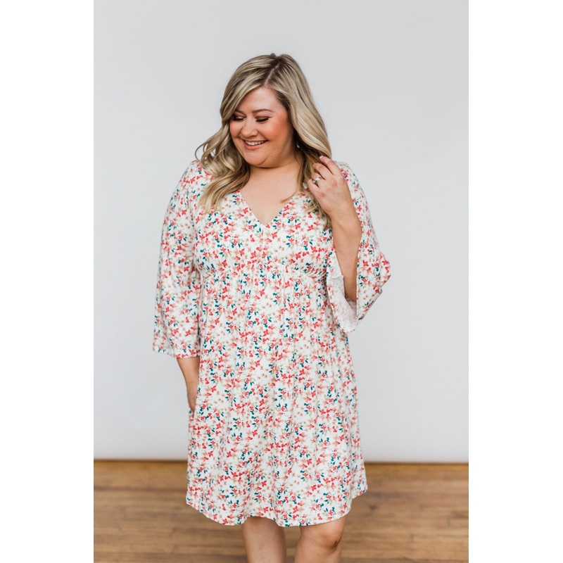 Lean On Me Floral V-Neck Dress- Ivory