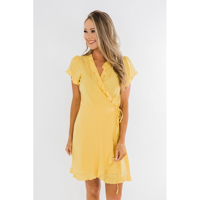 Made To Be Mine Ruffle Wrap Dress- Yellow