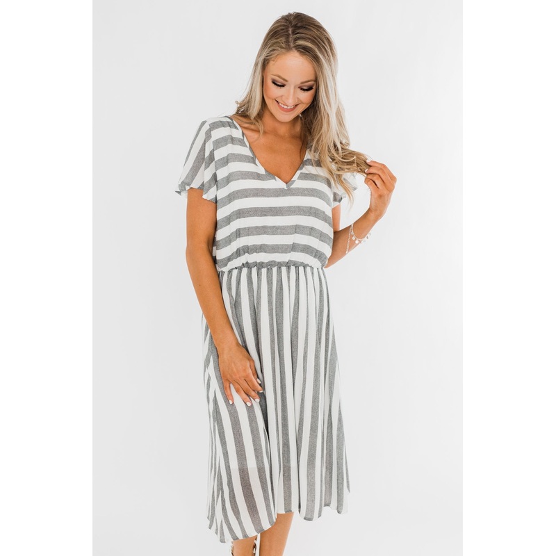 Make My Heart Race Striped Dress- Ivory & Charcoal