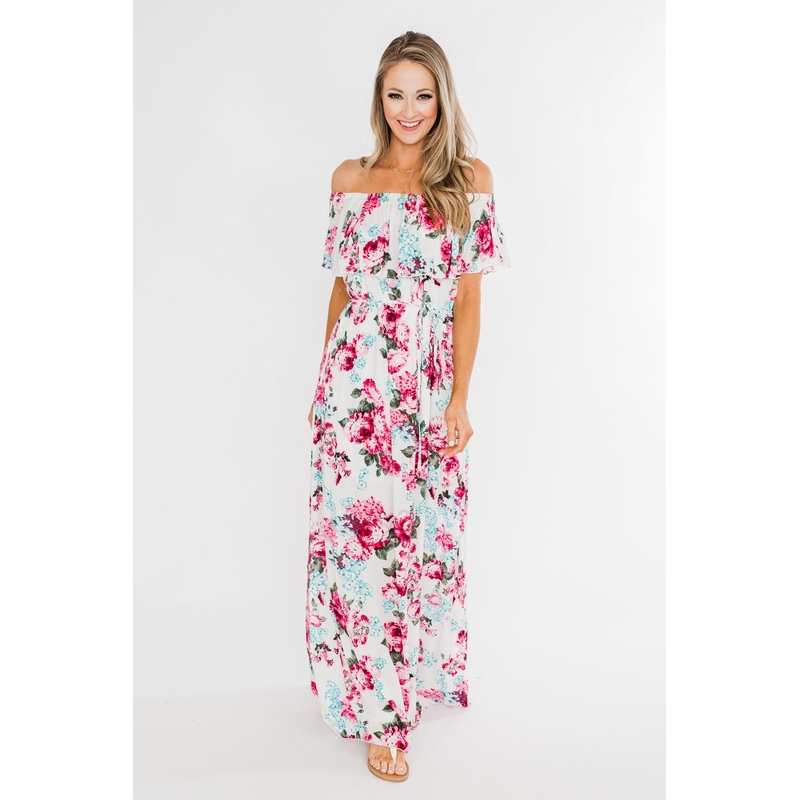Dear Darling Off The Shoulder Floral Maxi Dress- White