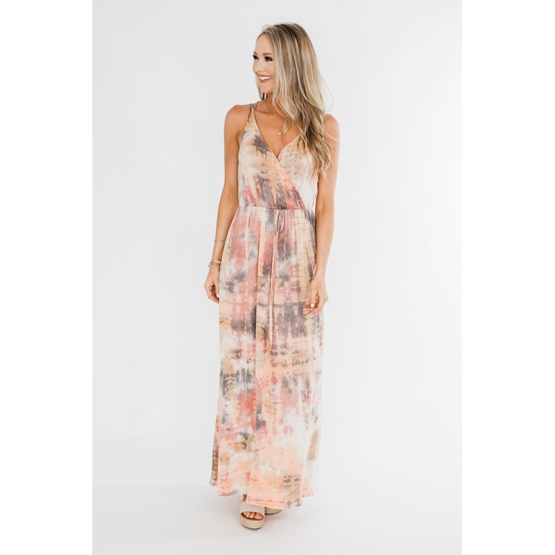 The One Tie Dye Maxi Dress- Peach, Charcoal, Ivory