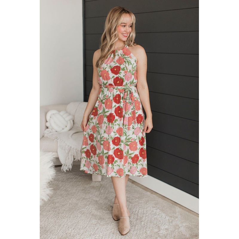 Building Dreams Floral Midi Dress- Ivory & Pink