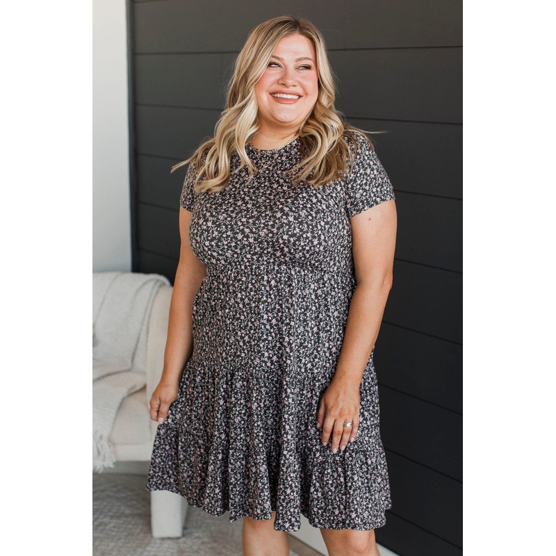 No Rainy Days Floral Tiered Dress- Charcoal & Pink