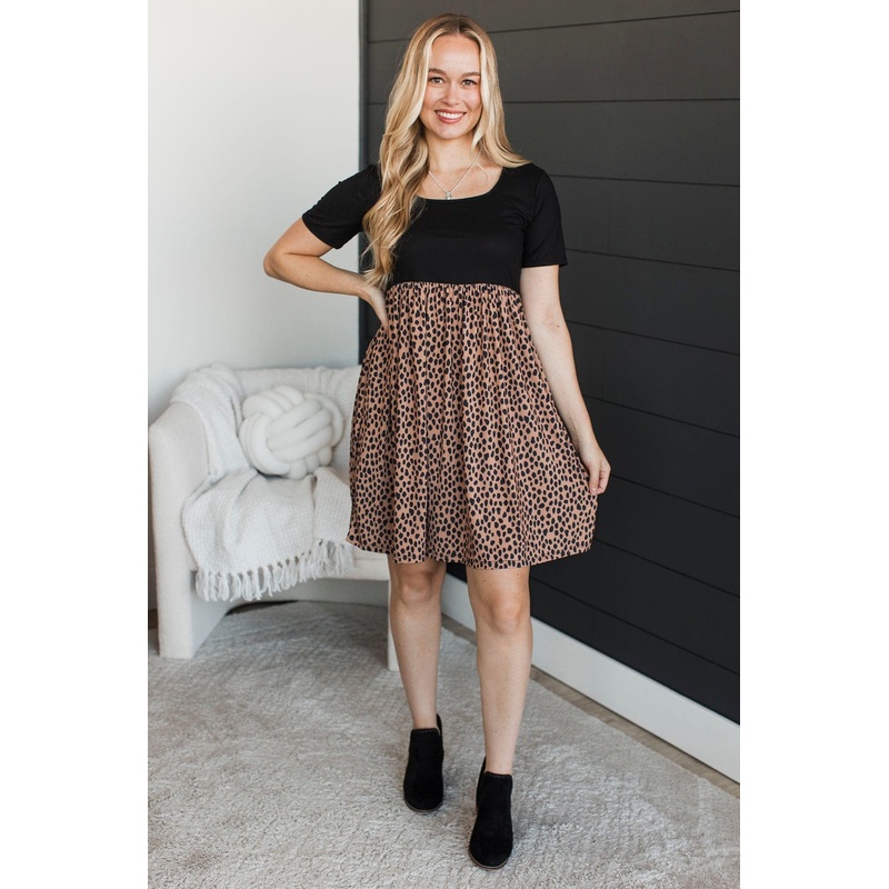 Up For The Chase Animal Print Dress- Black & Brown