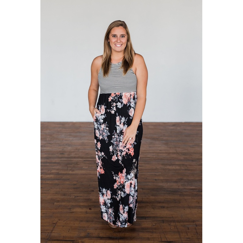 Like You Do Floral & Stripes Maxi Dress- Black & Off White