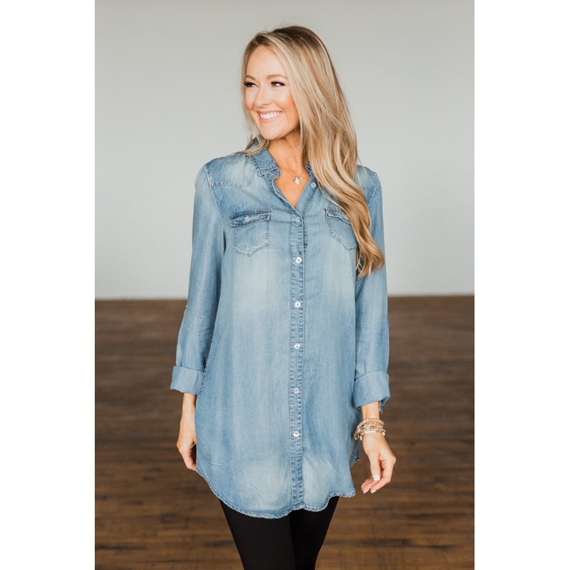 Out Of The Blue Chambray Dress- Medium Wash