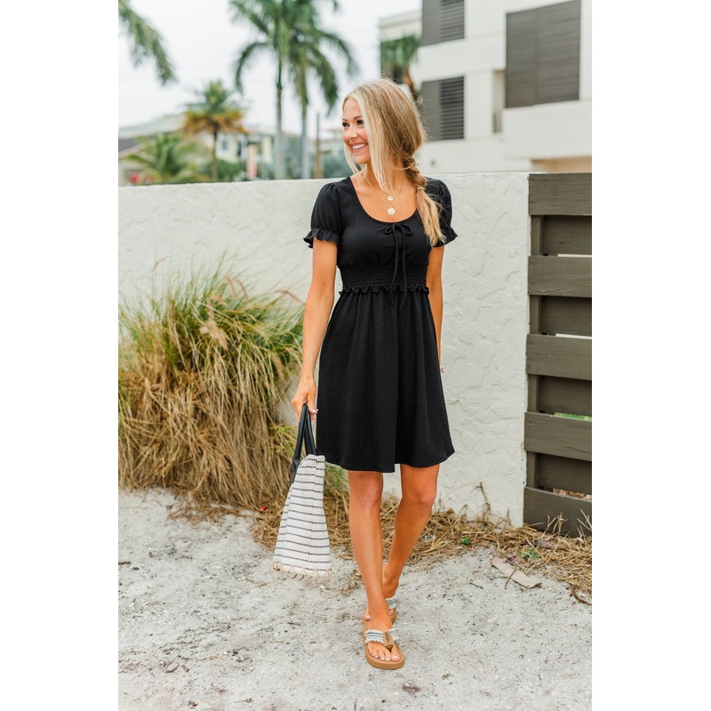 Sincere Smiles Smocked Knit Dress- Black
