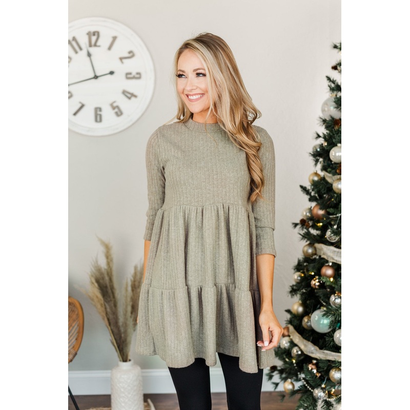 Best Wishes Babydoll Sweater Dress- Khaki