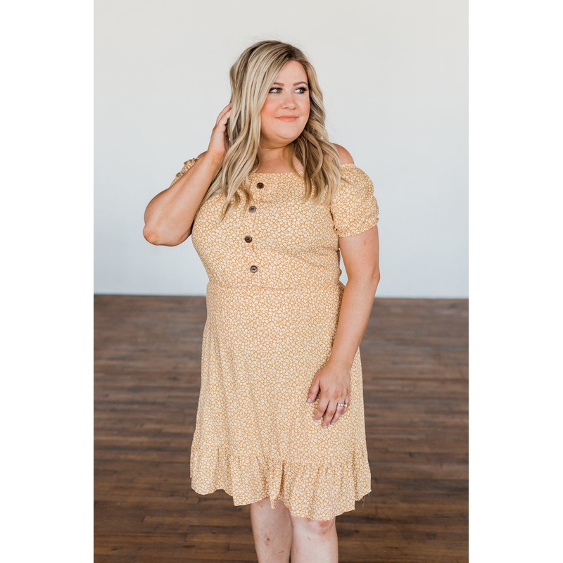 Swirl Into Season Off The Shoulder Dress- Mustard