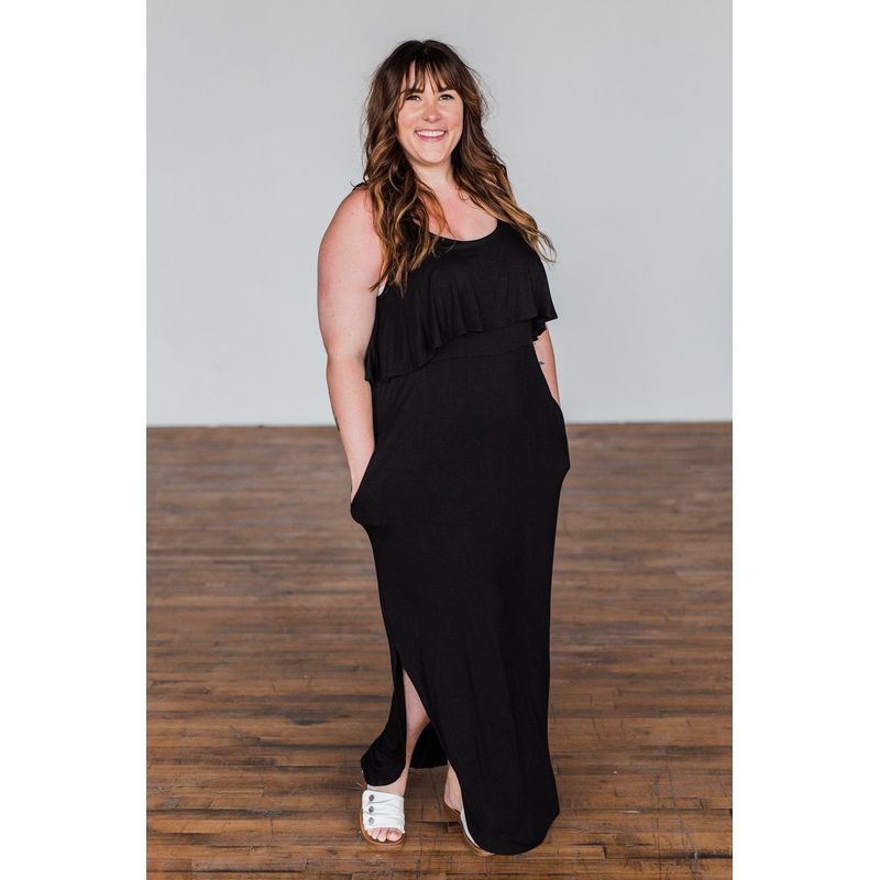 Love Connection Ruffle Maxi Dress- Black