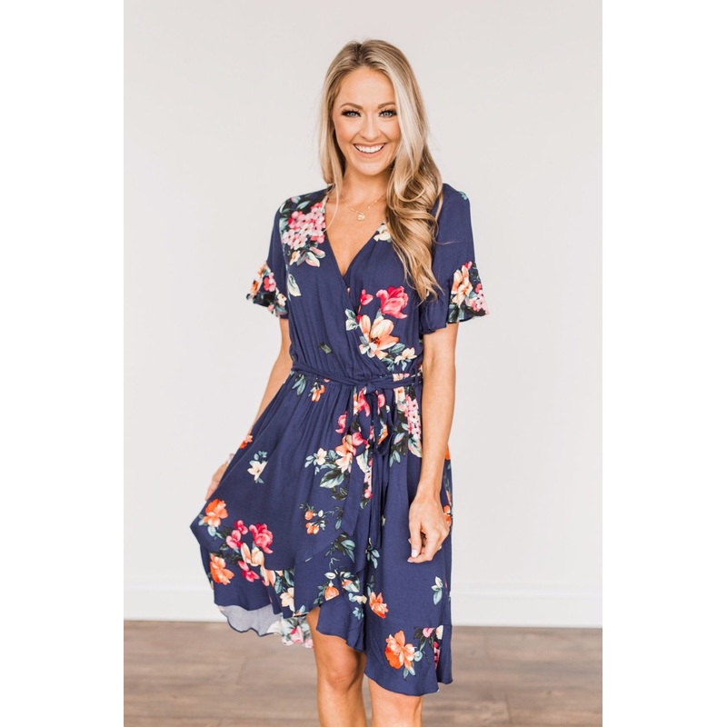 You're My Treasure Floral Wrap Dress- Navy