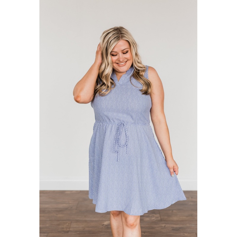 Feels Like Heaven Striped Dress- Dusty Blue