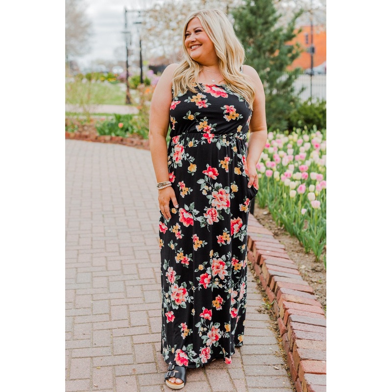 Off To The Tropics Floral Maxi Dress- Black