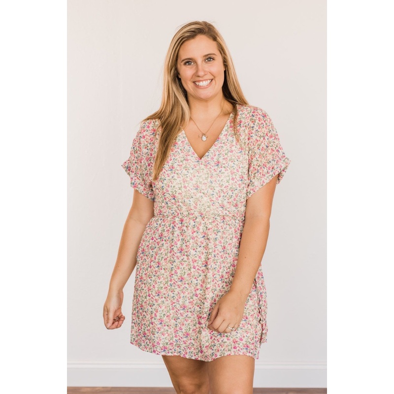 Feeling Unstoppable V-Neck Floral Dress- Cream & Pink