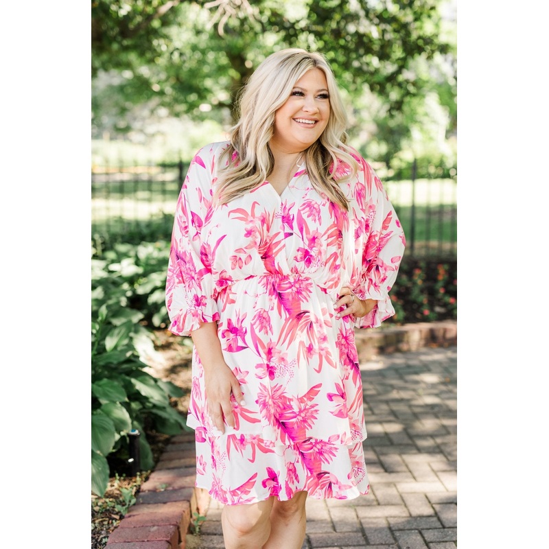 Live To Travel Floral V-Neck Dress- Ivory & Fuchsia