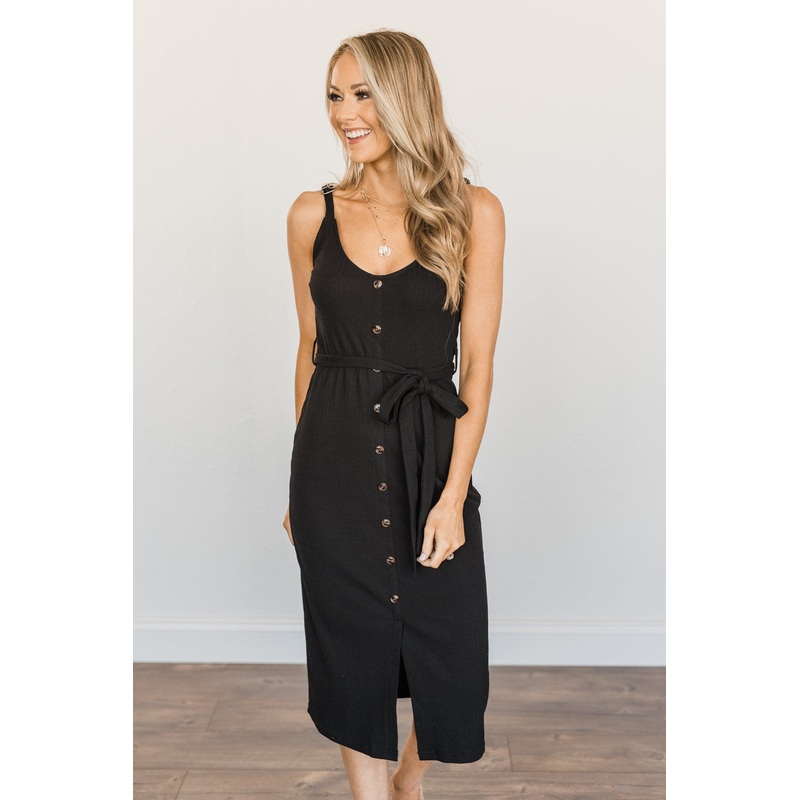 Look At Me Now Fitted Midi Dress- Black