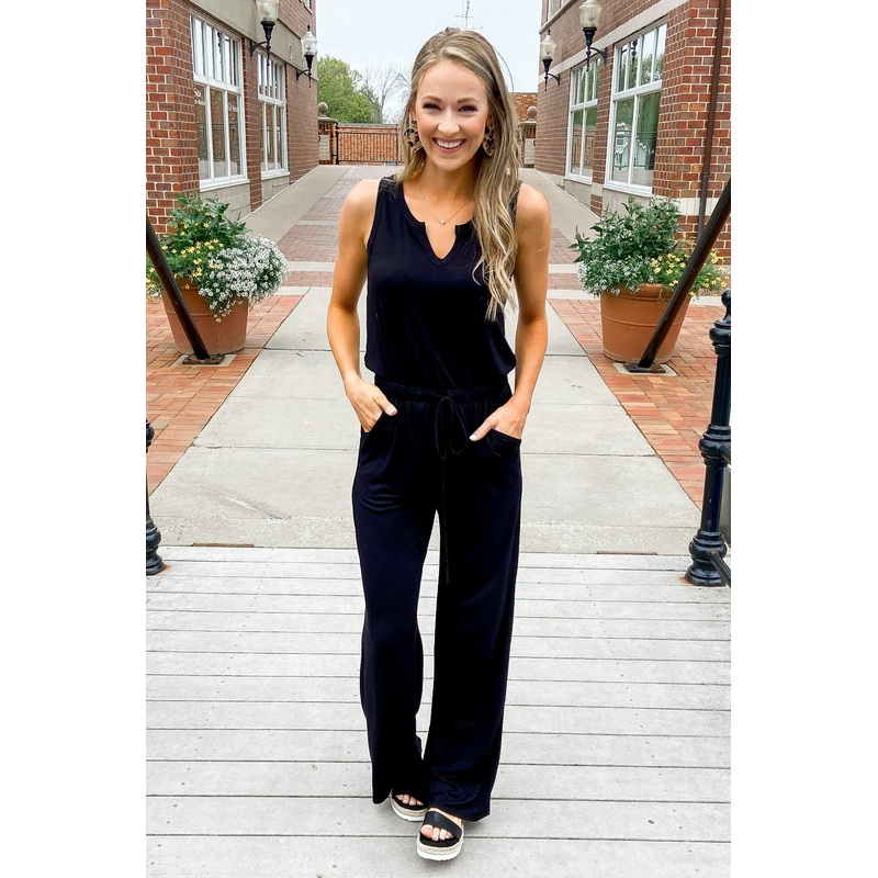 Sleeveless V-Neck Drawstring Jumpsuit- Black